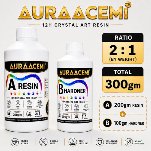 AURAACEMI 12H Crystal Clear Epoxy Art Resin Kit 300gm | 2:1 Ratio | Bubble Free & Yellow Resistant