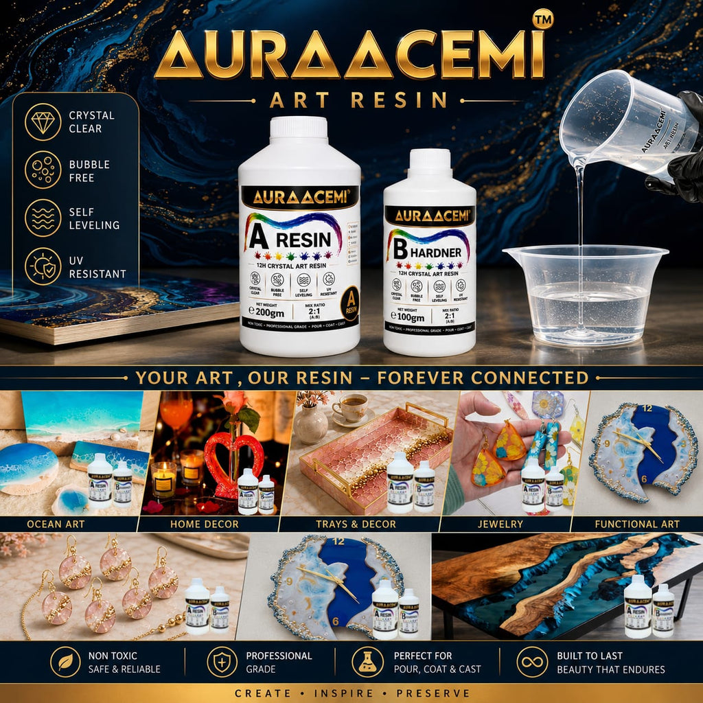AURAACEMI 12H Crystal Clear Epoxy Art Resin Kit 300gm | 2:1 Ratio | Bubble Free & Yellow Resistant