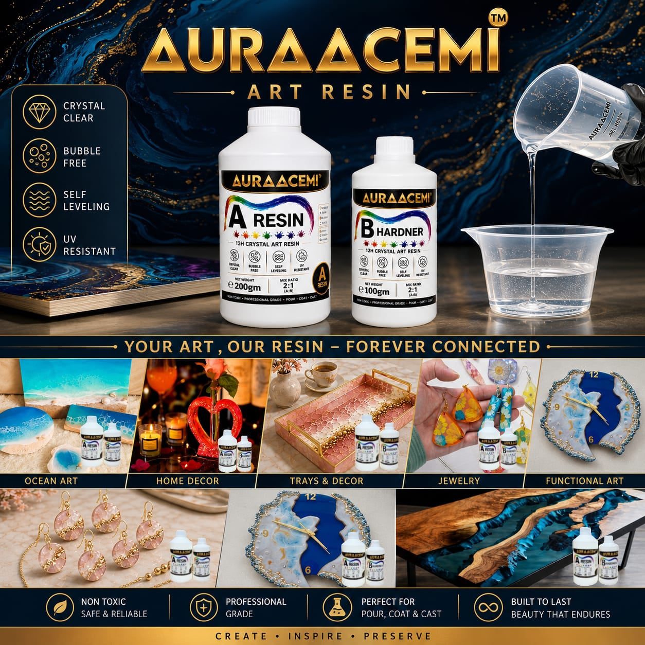 AURAACEMI 12H Crystal Clear Epoxy Art Resin Kit 300gm | 2:1 Ratio | Bubble Free & Yellow Resistant
