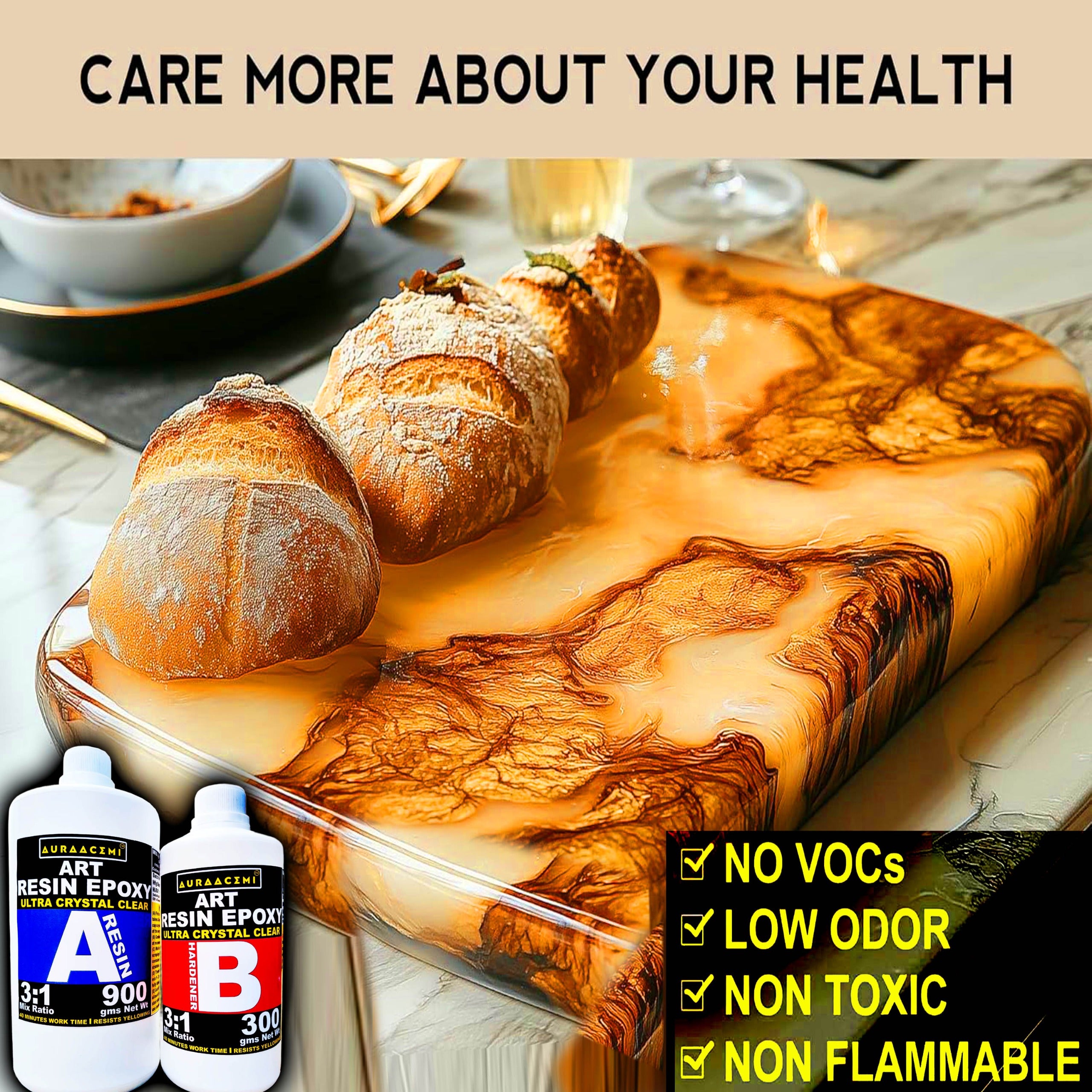 AAURACEMI Art Resin Epoxy Kit (Ultra Crystal Clear) – 3:1 Mix Ratio | 1200g (900g Resin + 300g Hardener) | High Gloss, Bubble-Free, Non-Yellowing for Resin Art, Table Tops & Jewelry Casting.